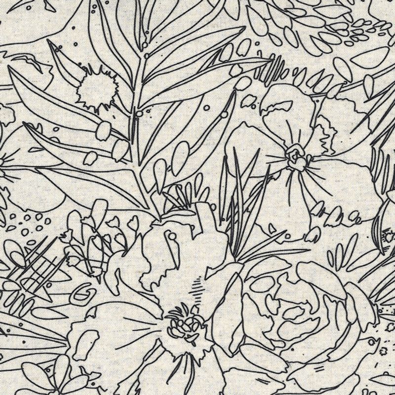 Digital printet Svarte strekblomster på naturfarget lin 