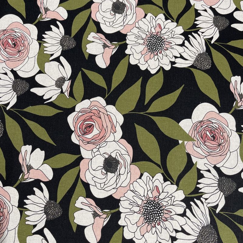 Botany - lin/bomull blomstertrykk på svart